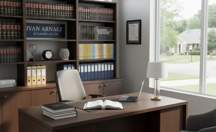 Law office with wooden desk, open law book, laptop, office chairs, and bookcase labeled Ivan Arnaez Attorney at Law